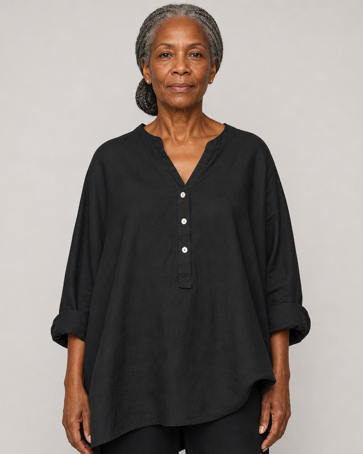 Veronique Elegant Cotton-Linen V-Neck Blouse