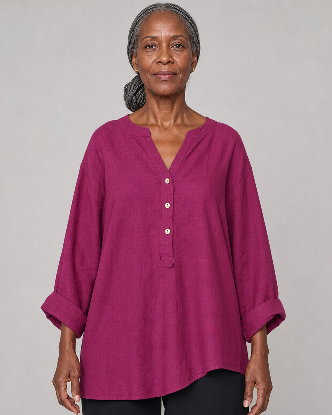 Veronique Elegant Cotton-Linen V-Neck Blouse