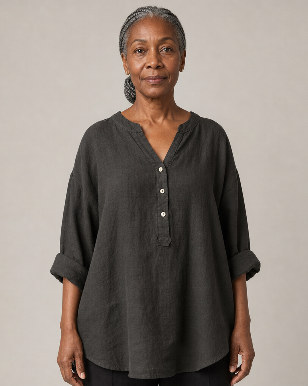 Veronique Elegant Cotton-Linen V-Neck Blouse