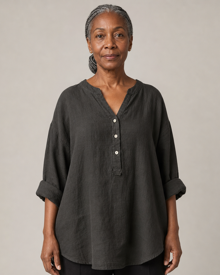 Veronique Elegant Cotton-Linen V-Neck Blouse