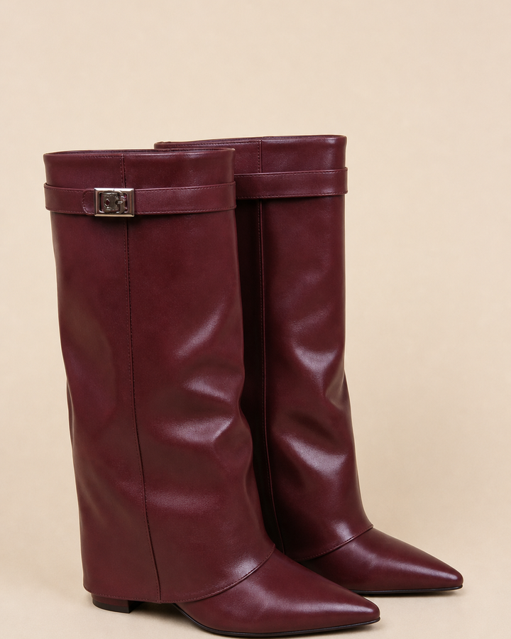 Harriet | Pointed-toe Wide-shaft Buckle Mid-calf Boot