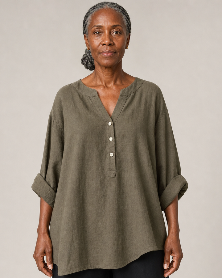 Veronique Elegant Cotton-Linen V-Neck Blouse