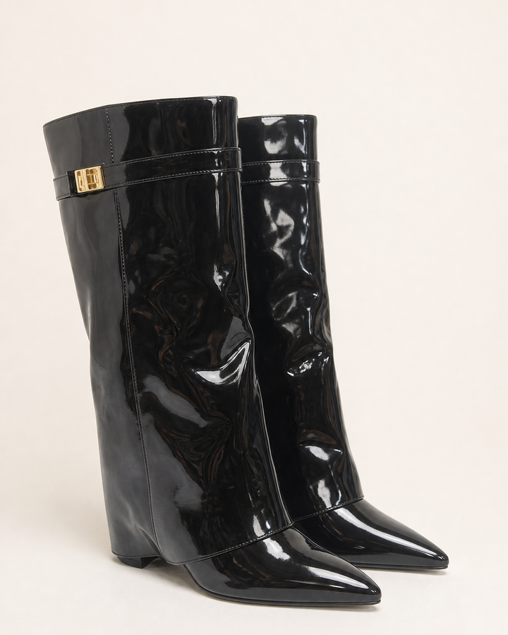 Harriet | Pointed-toe Wide-shaft Buckle Mid-calf Boot