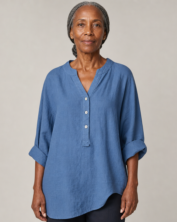 Veronique Elegant Cotton-Linen V-Neck Blouse