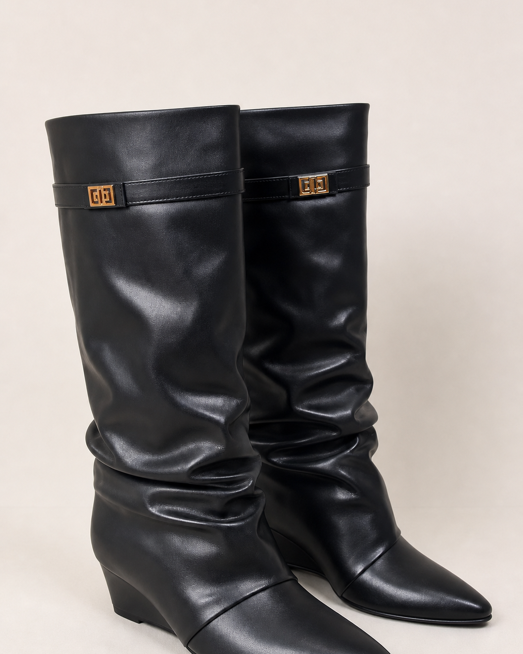 Harriet | Pointed-toe Wide-shaft Buckle Mid-calf Boot