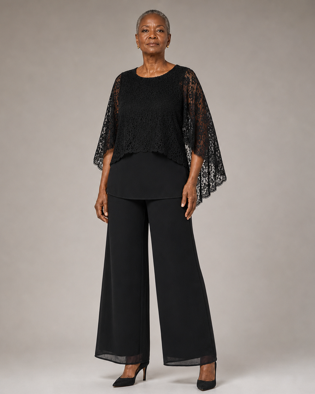 Lace Cape Mother of the Bride Pant Suit with Wide Legs