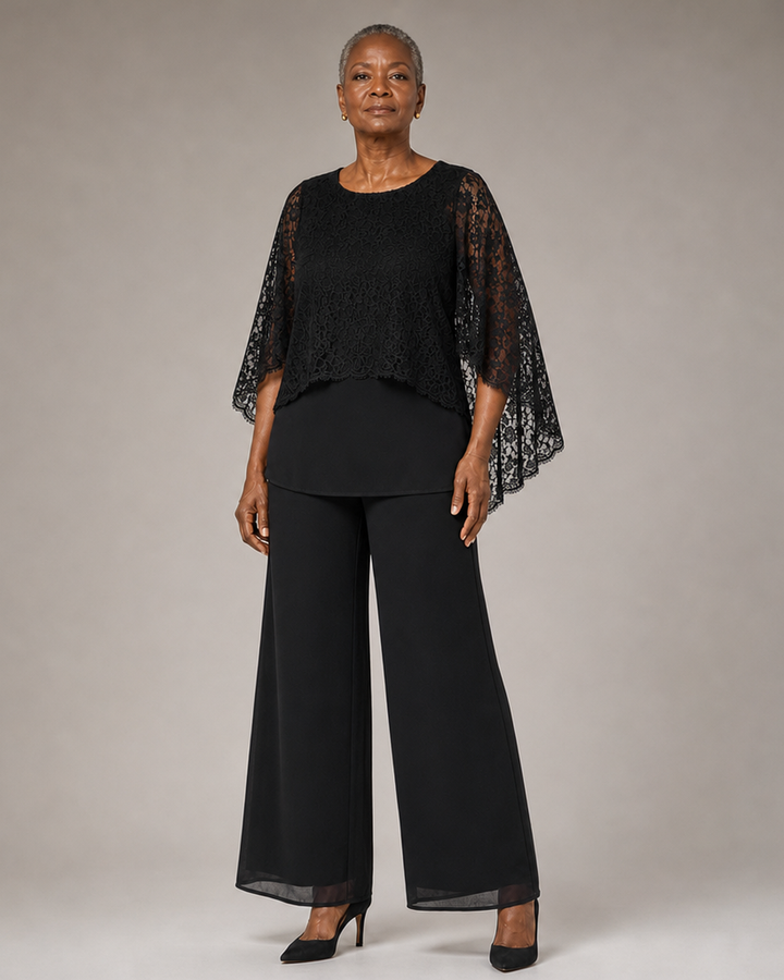 Lace Cape Mother of the Bride Pant Suit with Wide Legs
