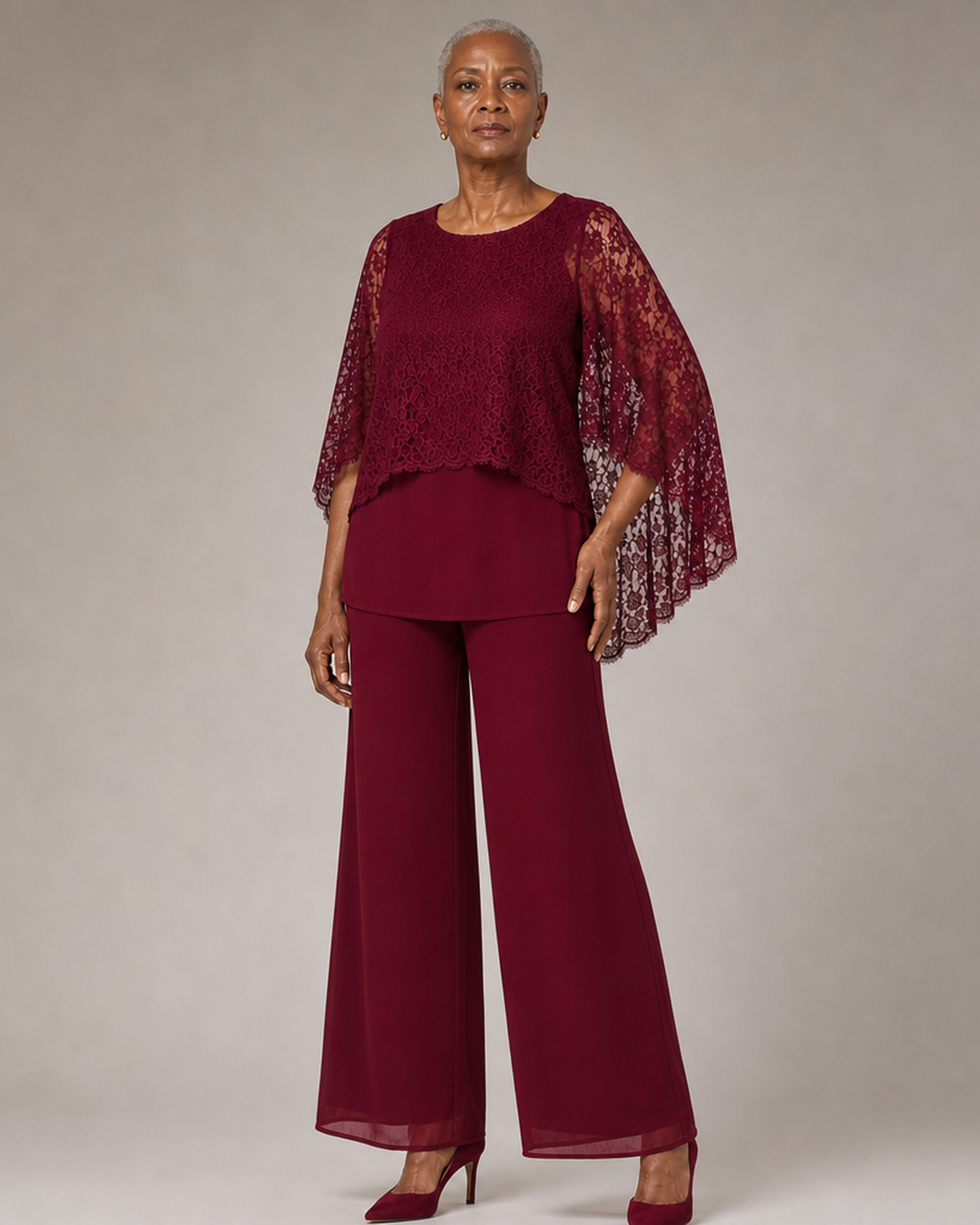 Lace Cape Mother of the Bride Pant Suit with Wide Legs