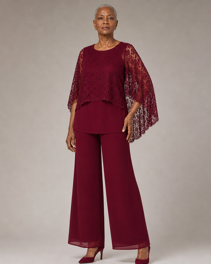 Lace Cape Mother of the Bride Pant Suit with Wide Legs