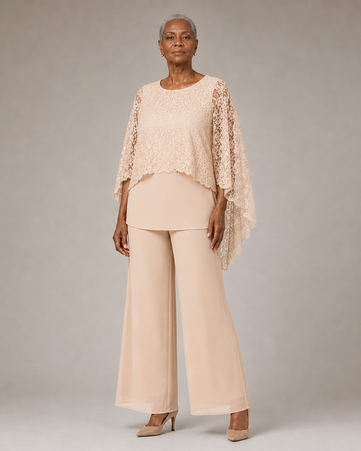 Lace Cape Mother of the Bride Pant Suit with Wide Legs