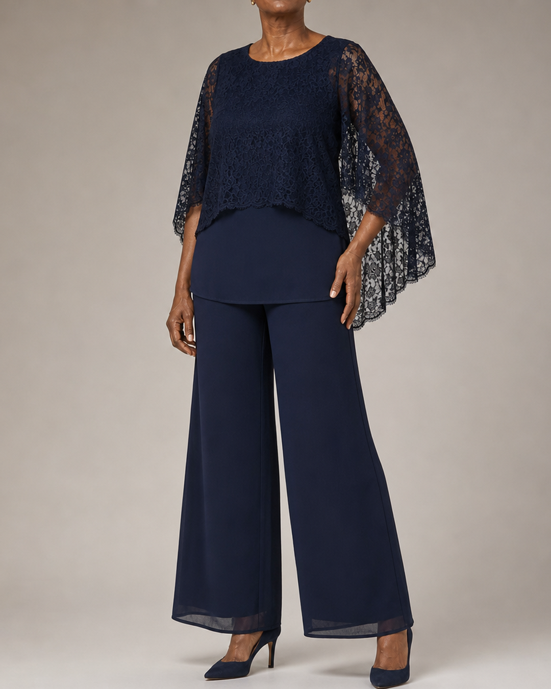 Lace | Cape Mother of the Bride Pant Suit with Wide Legs