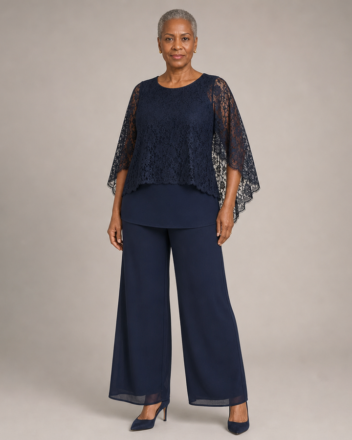 Lace Cape Mother of the Bride Pant Suit with Wide Legs