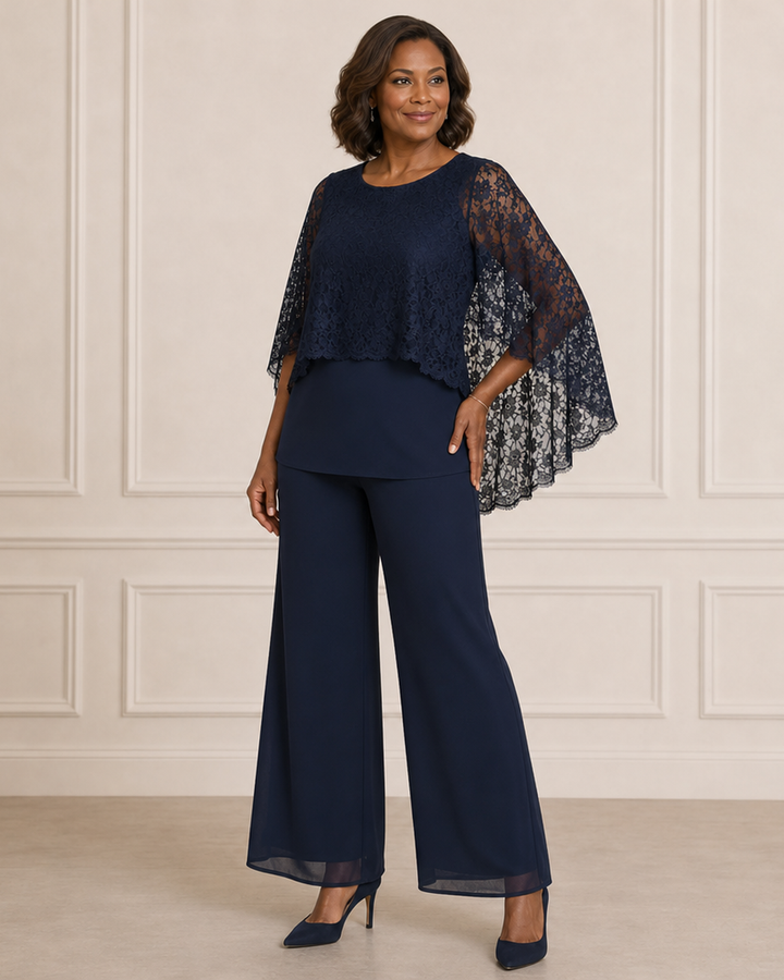 Lace Cape Mother of the Bride Pant Suit with Wide Legs