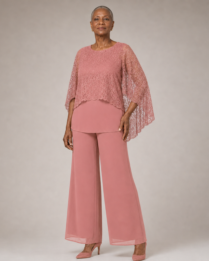 Lace Cape Mother of the Bride Pant Suit with Wide Legs