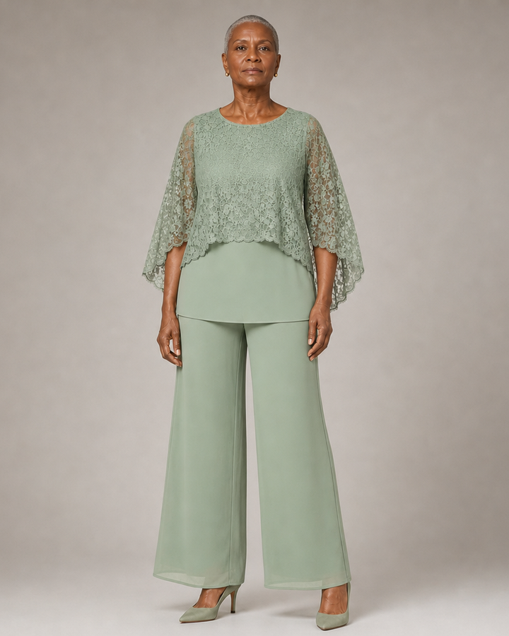 Lace Cape Mother of the Bride Pant Suit with Wide Legs