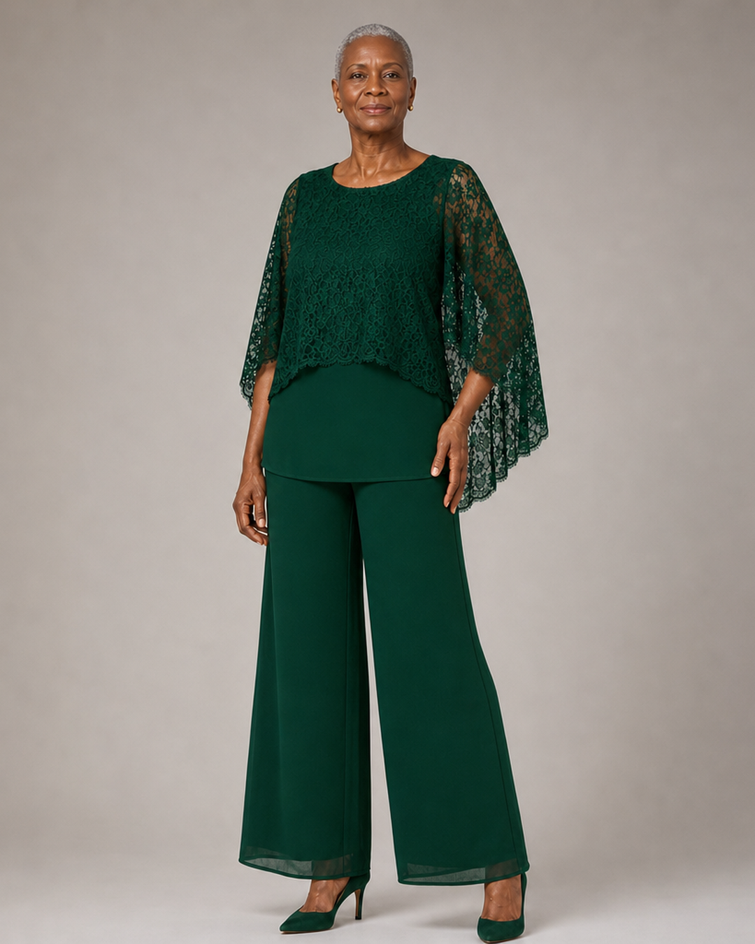 Lace Cape Mother of the Bride Pant Suit with Wide Legs