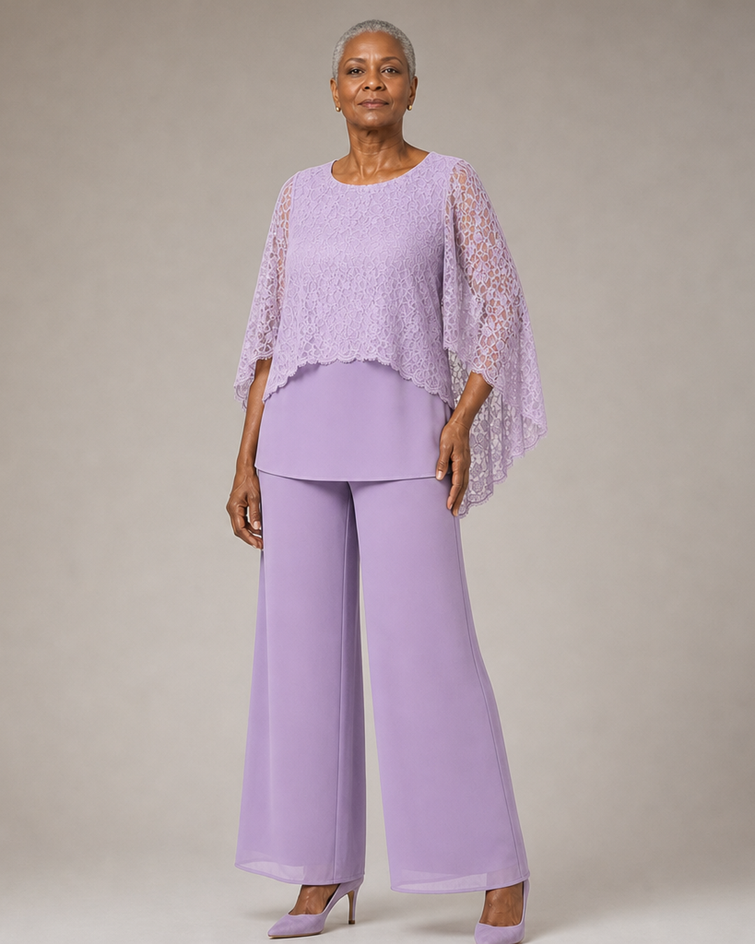 Lace Cape Mother of the Bride Pant Suit with Wide Legs