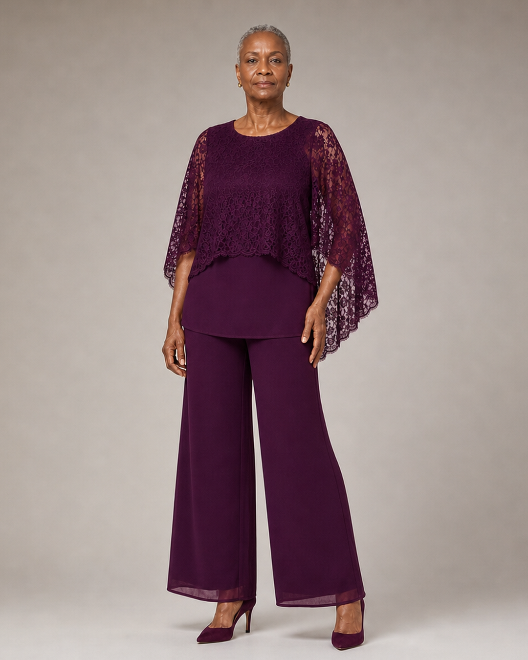 Lace Cape Mother of the Bride Pant Suit with Wide Legs