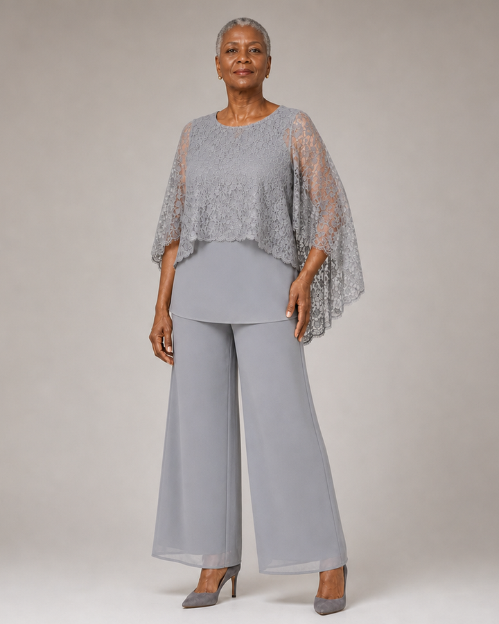 Lace Cape Mother of the Bride Pant Suit with Wide Legs