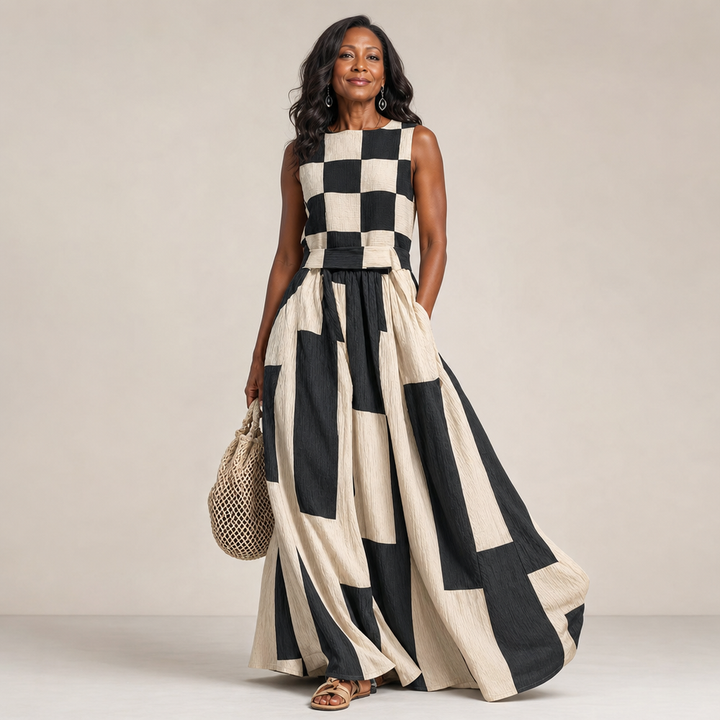 Ardenne | Plaid and Stripe Panelled Sleeveless Maxi Dress - Light Blue