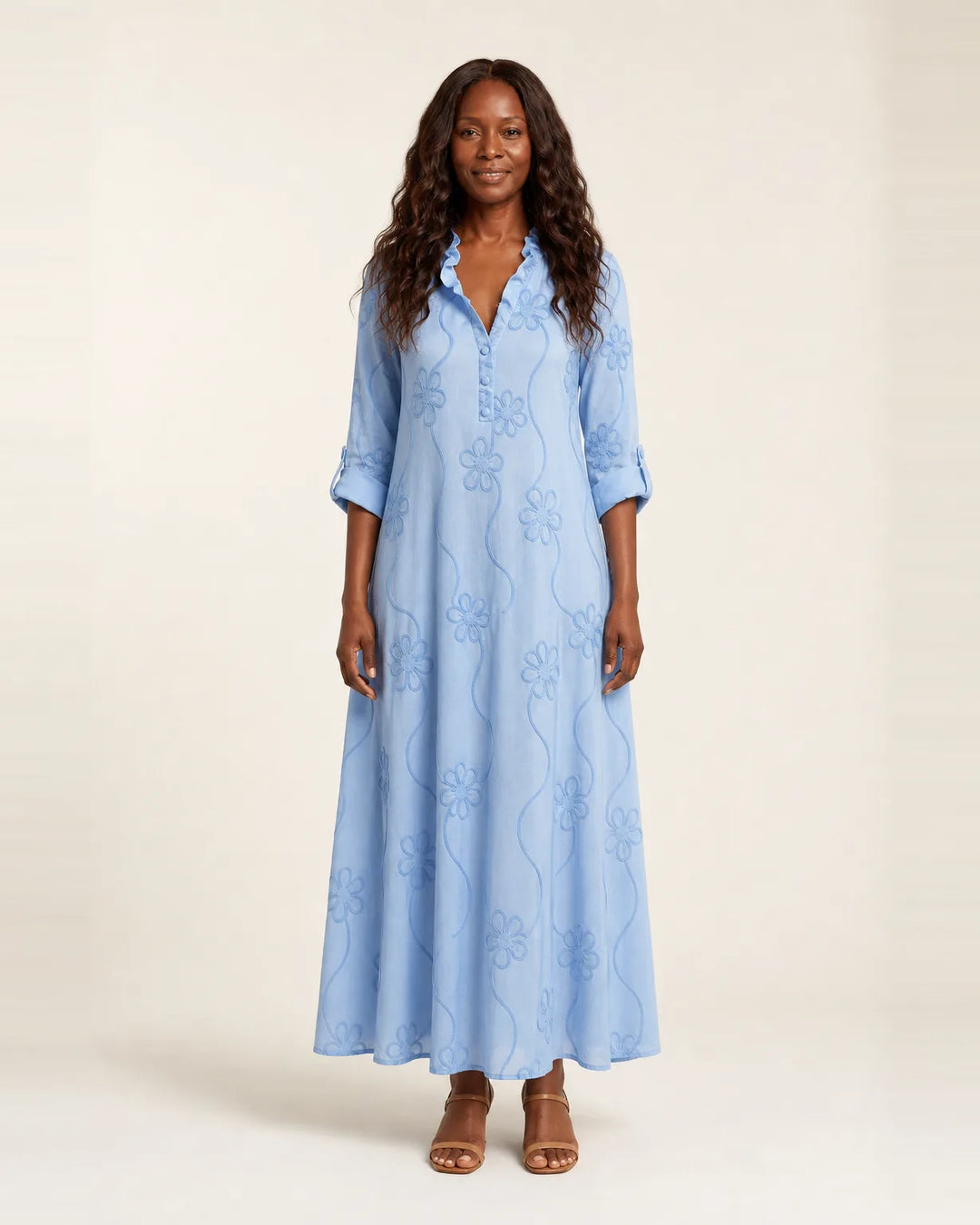 Mariam | Cotton-Linen Maxi Dress with Tonal Floral Embroidery — Light Blue