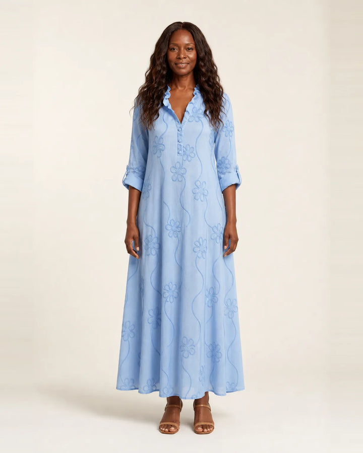 Mariam | Cotton-Linen Maxi Dress with Tonal Floral Embroidery — Light Blue
