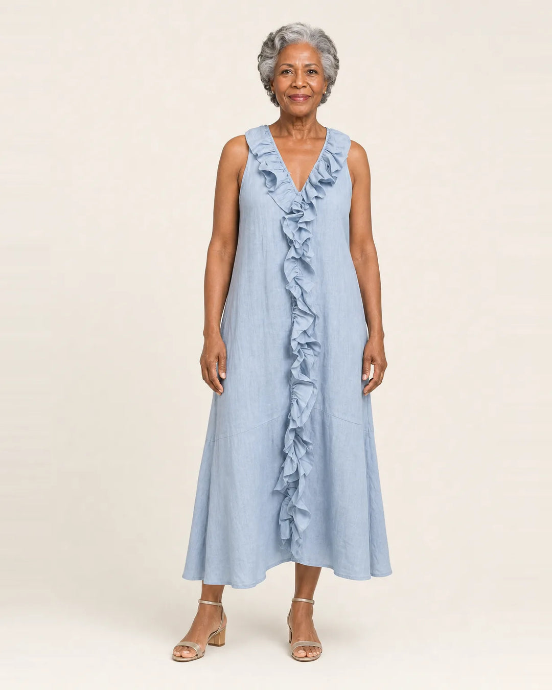 Vicky | Ruffle-Front V-Neck Sleeveless Linen Maxi Dress — Light Blue