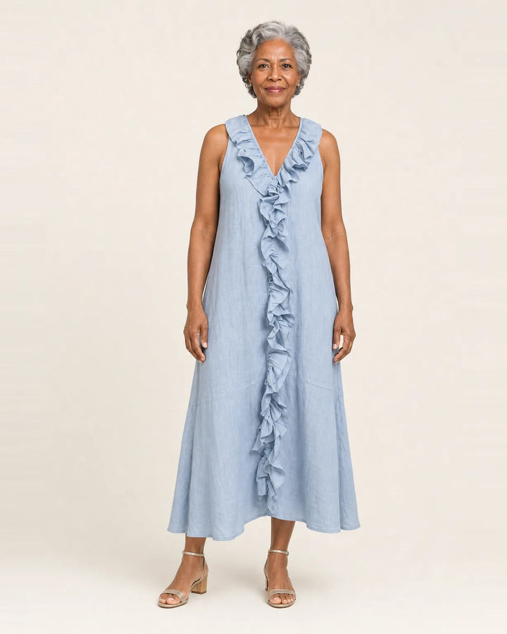 Vicky | Ruffle-Front V-Neck Sleeveless Linen Maxi Dress — Light Blue