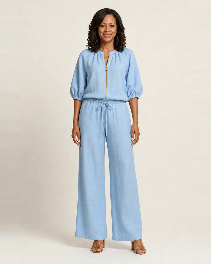 Marlowe | Zipper-Front Puff Sleeve Set — Light Blue