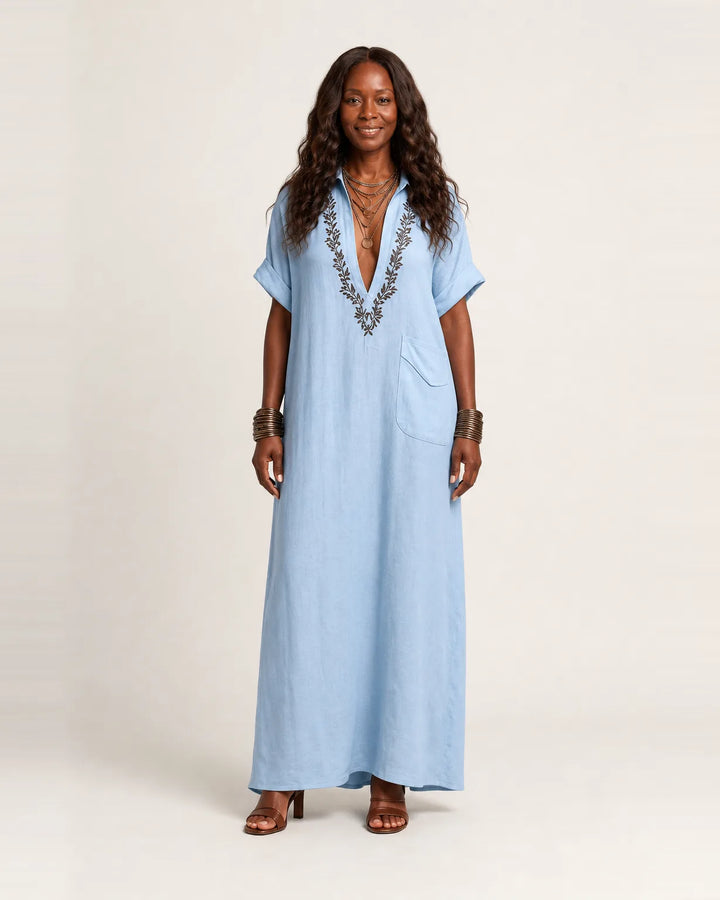 Amarina | Embroidered V-Neck Collar Linen Maxi Dress — Light Blue