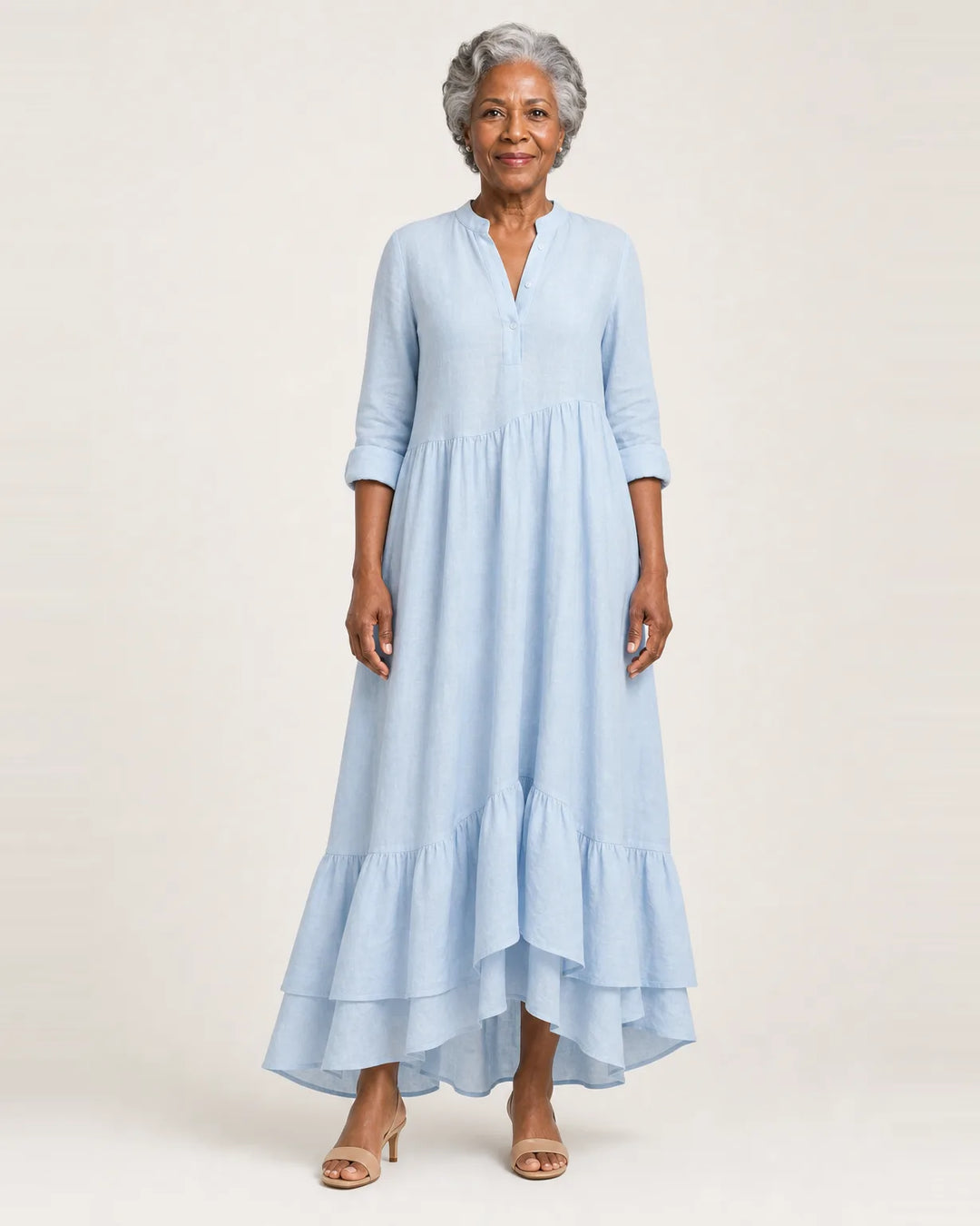 Jilana | Stand-Collar Button-Front Ruffle Hem Maxi Dress — Light Blue