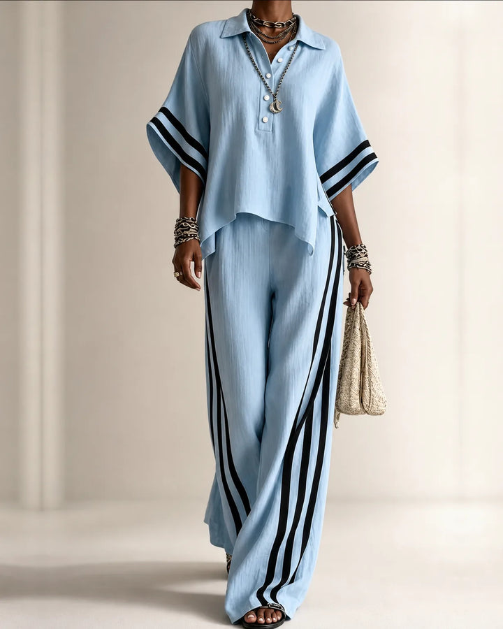 Naima | Polo Collar Top & Side-Stripe Wide-Leg Set