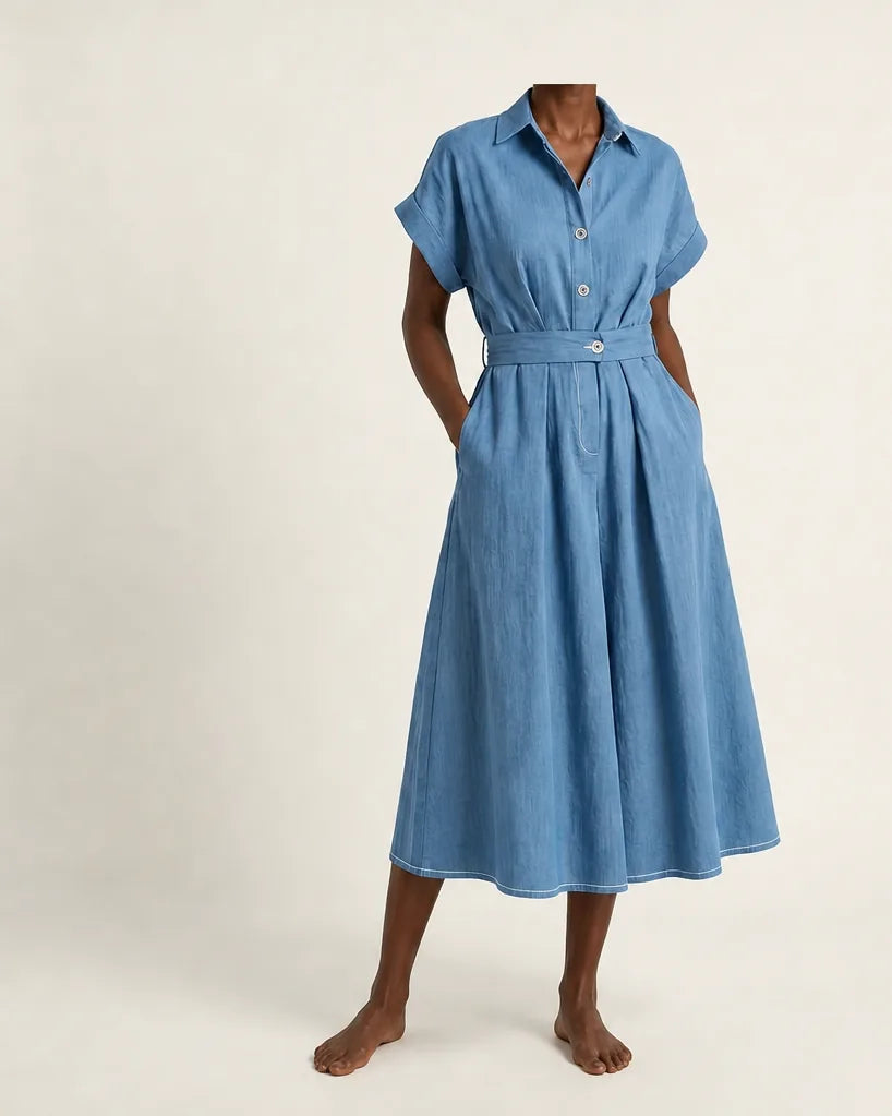 Albane | Button-Front Belted Denim Midi Dress