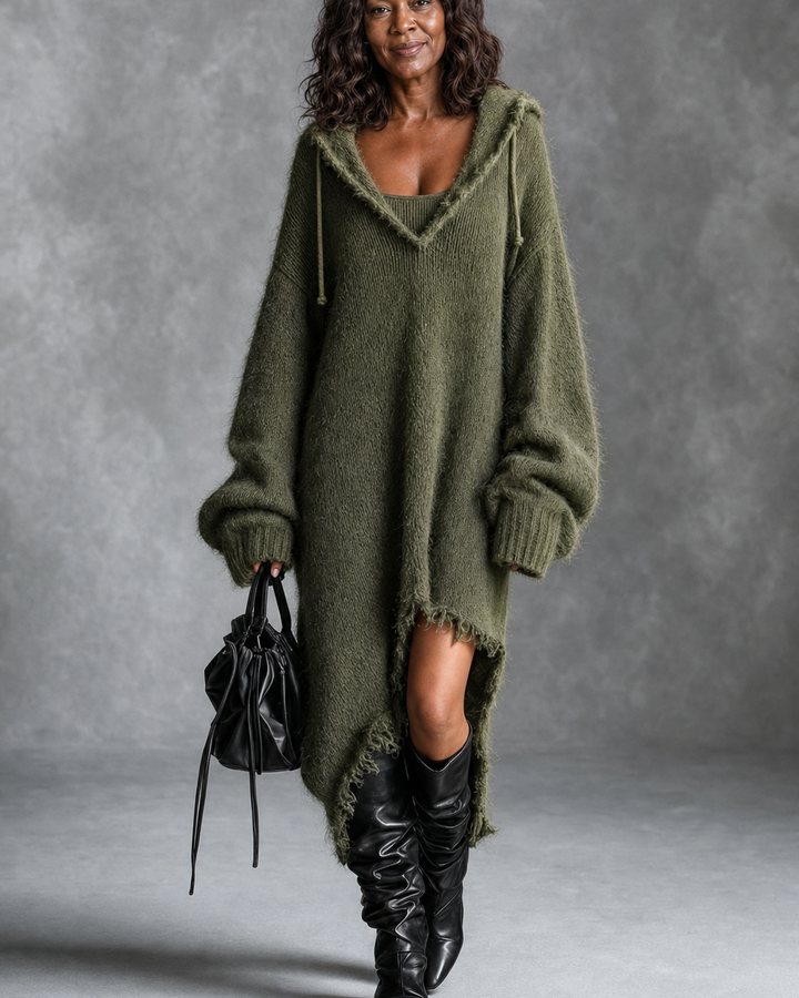 Lorena | Hooded Knit Sweater Dress - Army Green