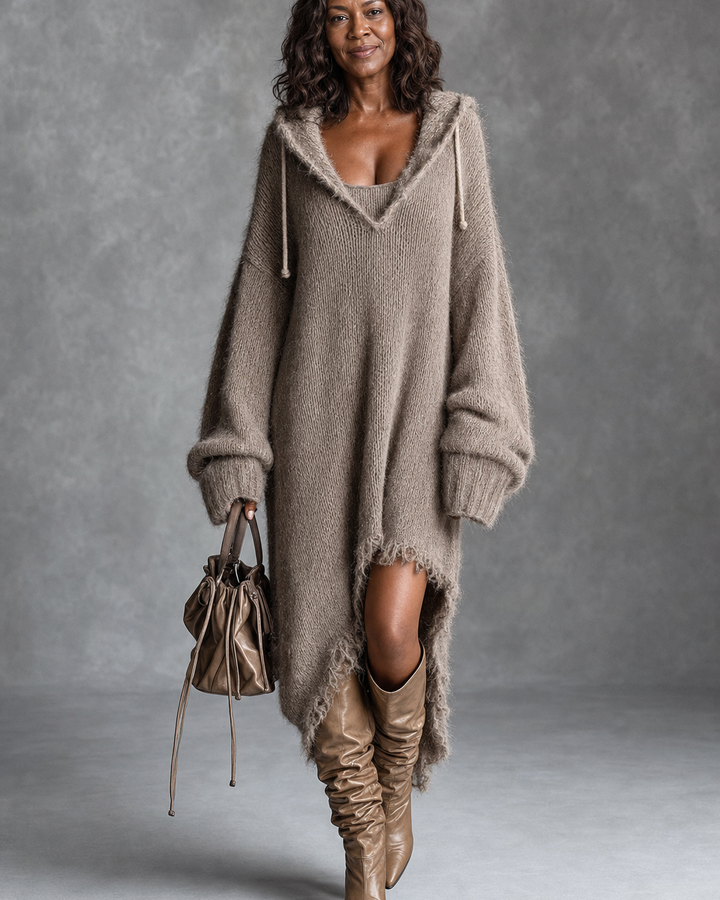 Lorena | Hooded Knit Sweater Dress - Brown