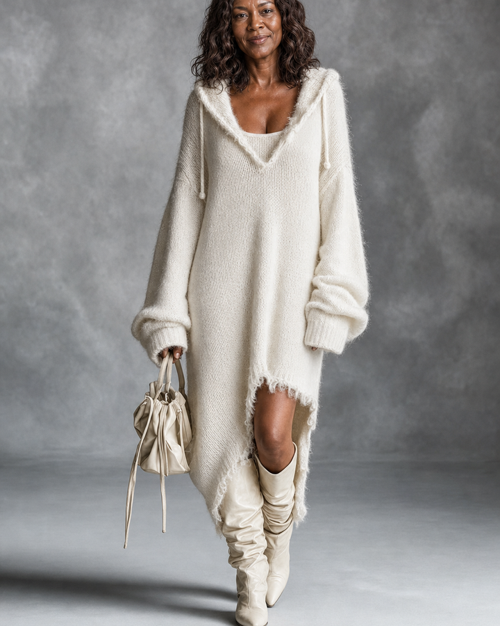 Lorena | Hooded Knit Sweater Dress - Cream White
