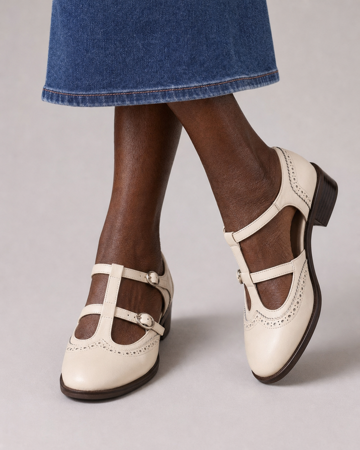 Leanne | Leather Brogue Mary Janes - White