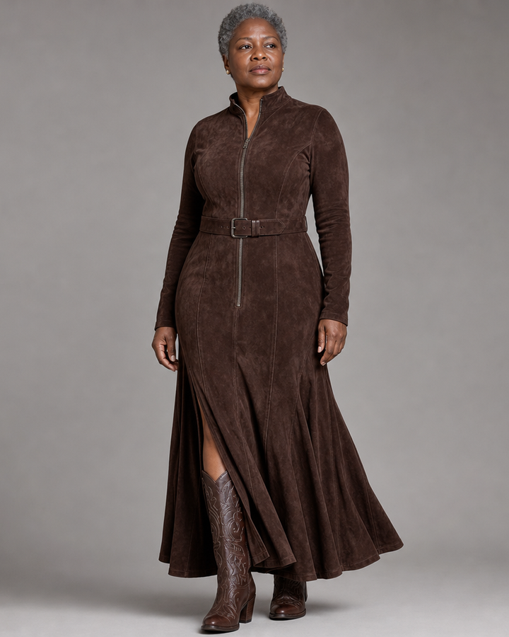 Marceline | Robe Longue Marron avec Ceinture