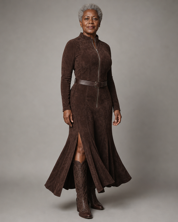 Marceline | Robe Longue Marron avec Ceinture