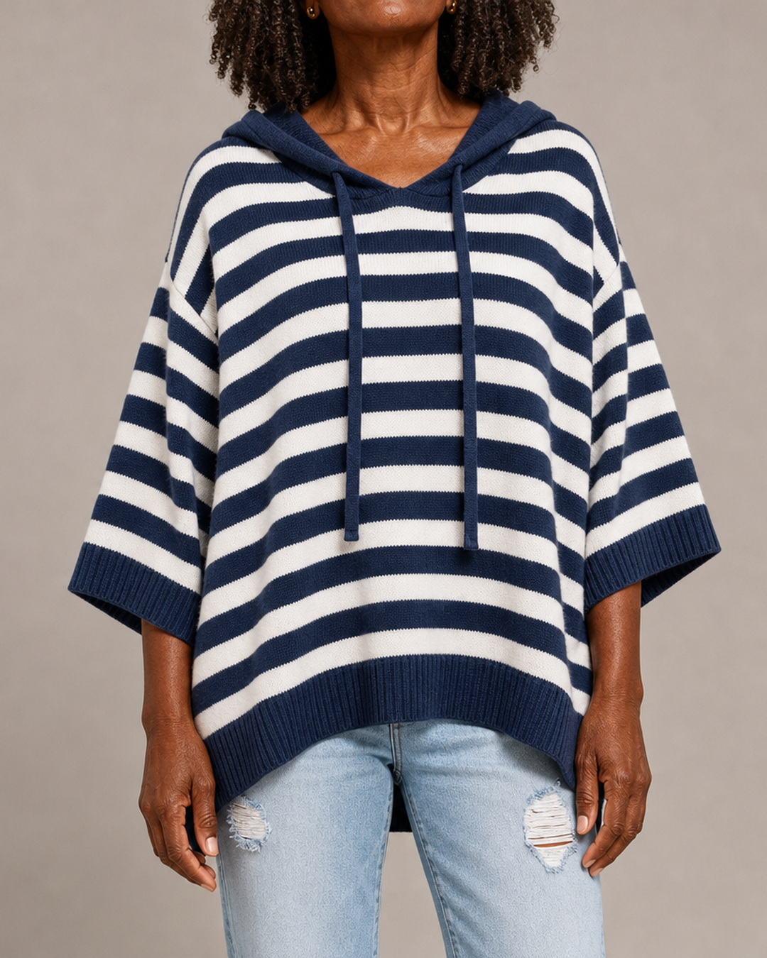 Marine | Navy Blue Striped Poncho Sweater