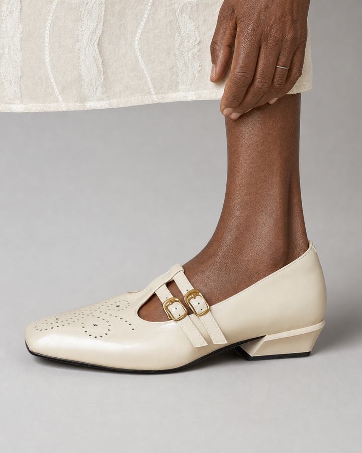 Lillie | Brogued Dual-Strap Mary Jane Pumps - Beige