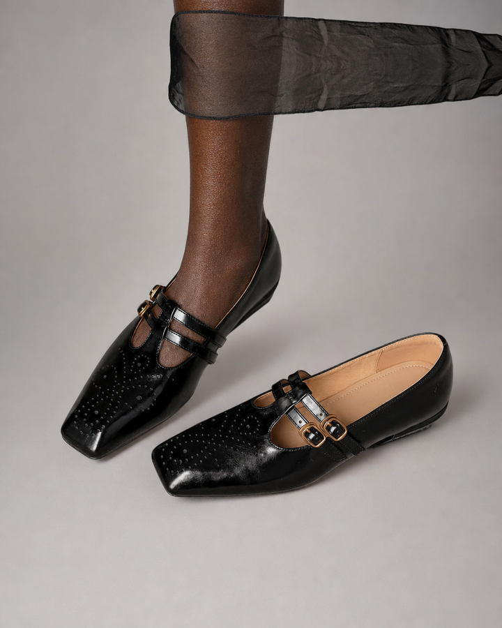 Lillie | Brogued Dual-Strap Mary Jane Pumps - Black