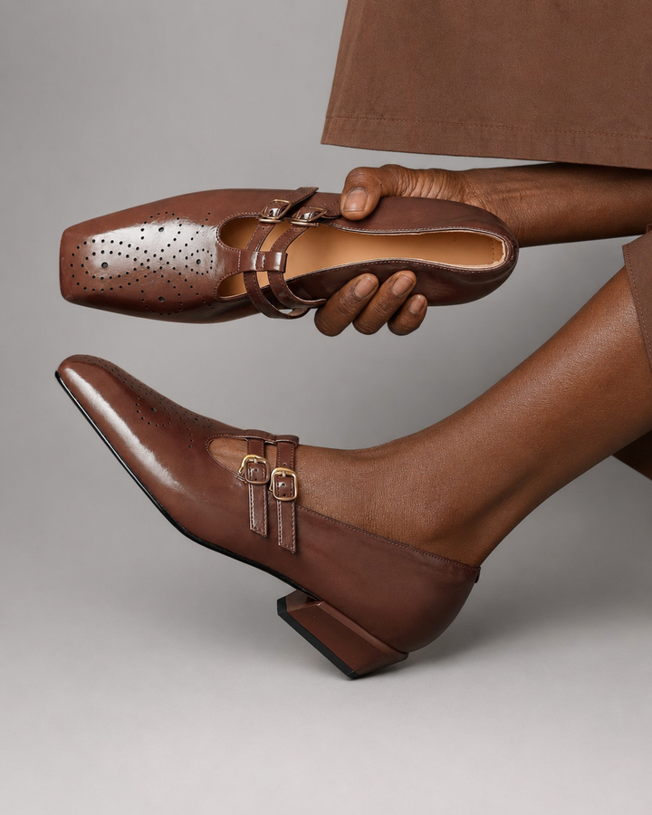 Lillie | Brogued Dual-Strap Mary Jane Pumps - Brown