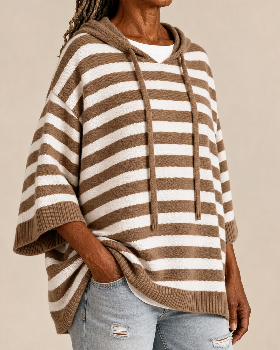 Mathilde – Taupe Striped Poncho Sweater