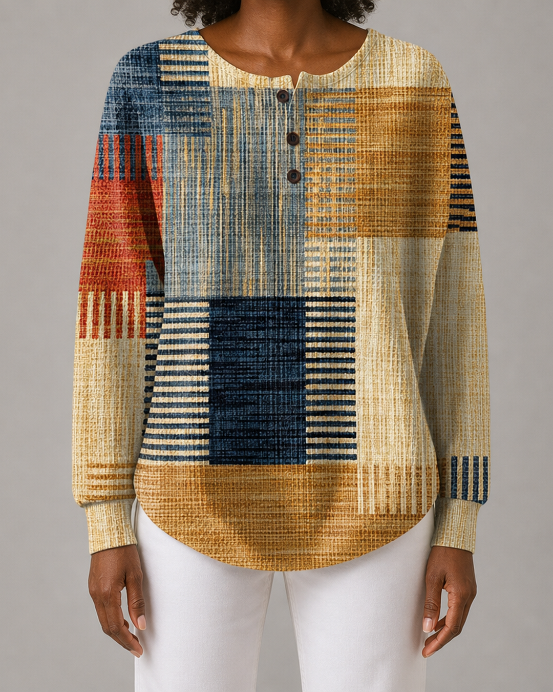 Mavis | Patterned Button-Neck Top