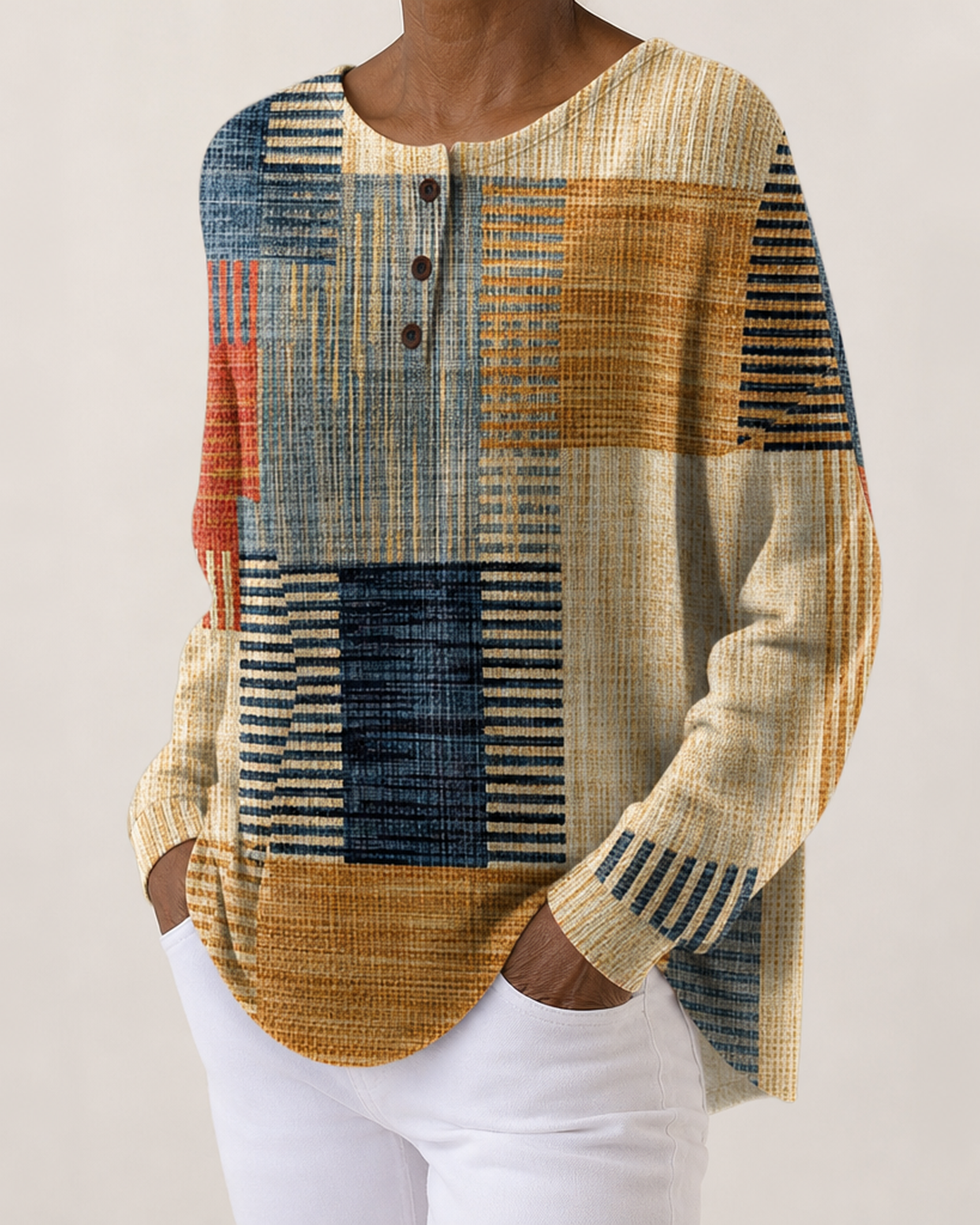 Mavis | Patterned Button-Neck Top