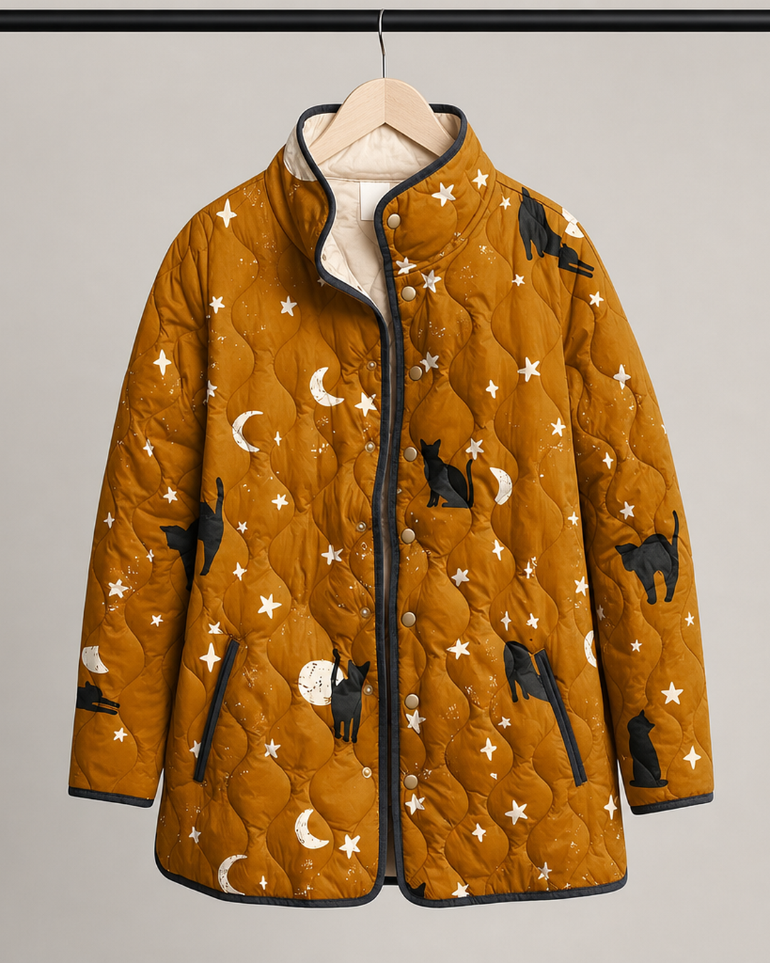 Maya™ | Black Quilted Jacket with Cat Pattern