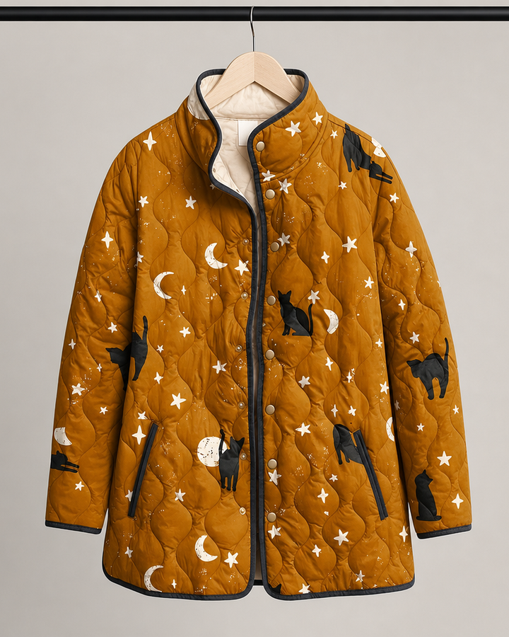 Maya™ | Black Quilted Jacket with Cat Pattern