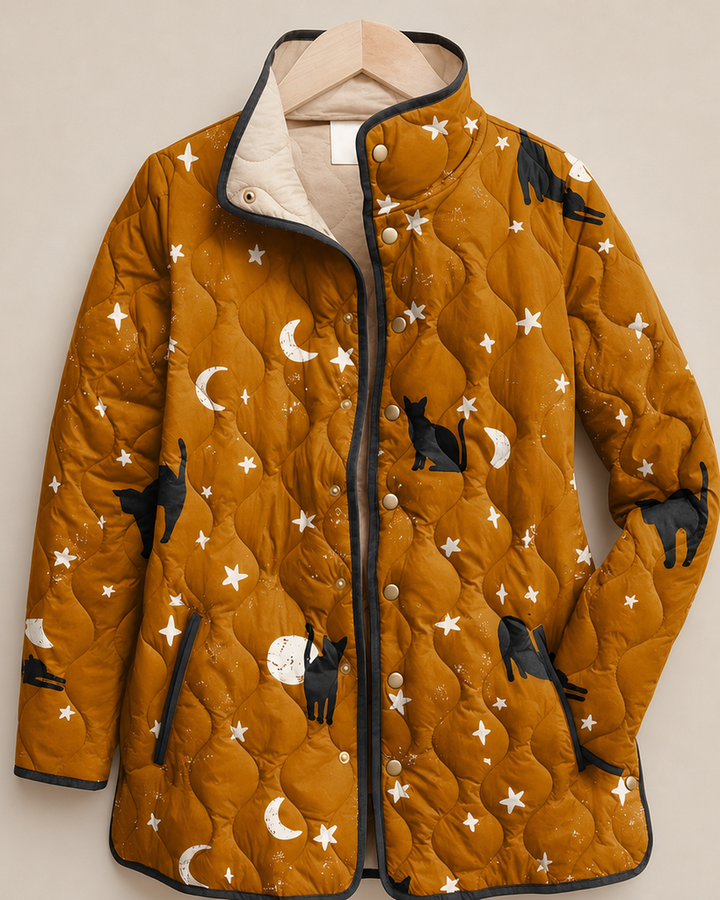 Maya™ | Black Quilted Jacket with Cat Pattern