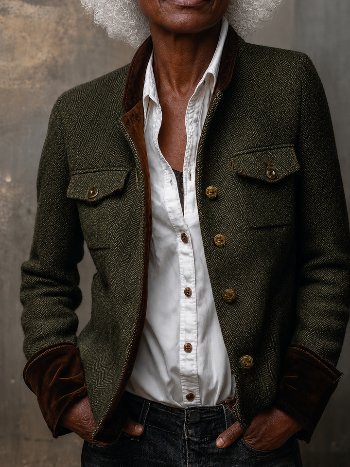 Wilhelmena | Vintage Herringbone Contrast Trim Blazer